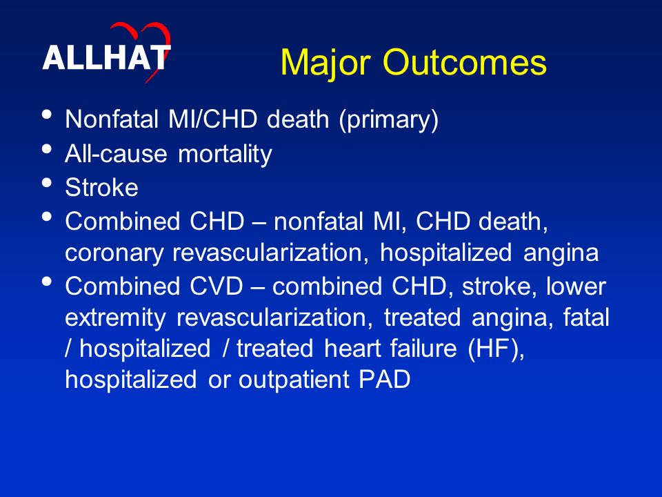 Major Outcomes Nonfatal MI/CHD death (primary) All-cause mortality Stroke Combined CHD – nonfatal MI, CHD death, coronary revascularization, hospitalized angina Combined CVD – combined CHD, stroke, lower extremity revascularization, treated angina, fatal / hospitalized / treated heart failure (HF), hospitalized or outpatient PAD ALLHAT