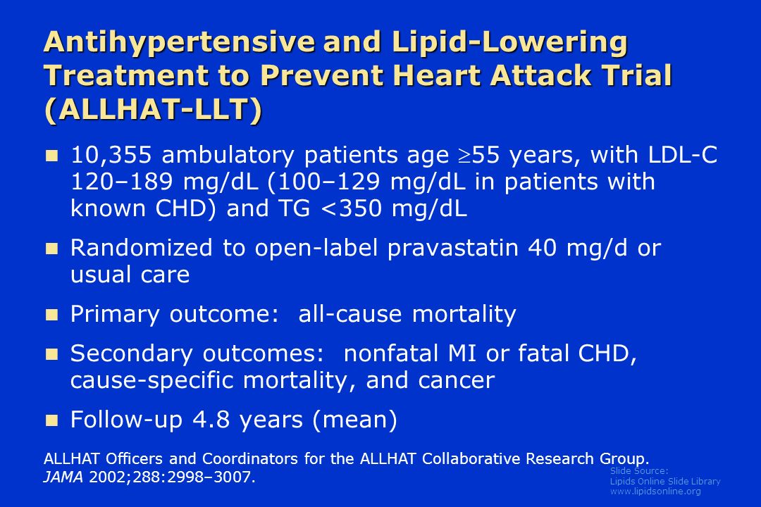 Slide Source: Lipids Online Slide Library   Antihypertensive and Lipid-Lowering Treatment to Prevent Heart Attack Trial (ALLHAT-LLT) 10,355 ambulatory patients age 55 years, with LDL-C 120–189 mg/dL (100–129 mg/dL in patients with known CHD) and TG <350 mg/dL Randomized to open-label pravastatin 40 mg/d or usual care Primary outcome: all-cause mortality Secondary outcomes: nonfatal MI or fatal CHD, cause-specific mortality, and cancer Follow-up 4.8 years (mean) ALLHAT Officers and Coordinators for the ALLHAT Collaborative Research Group.