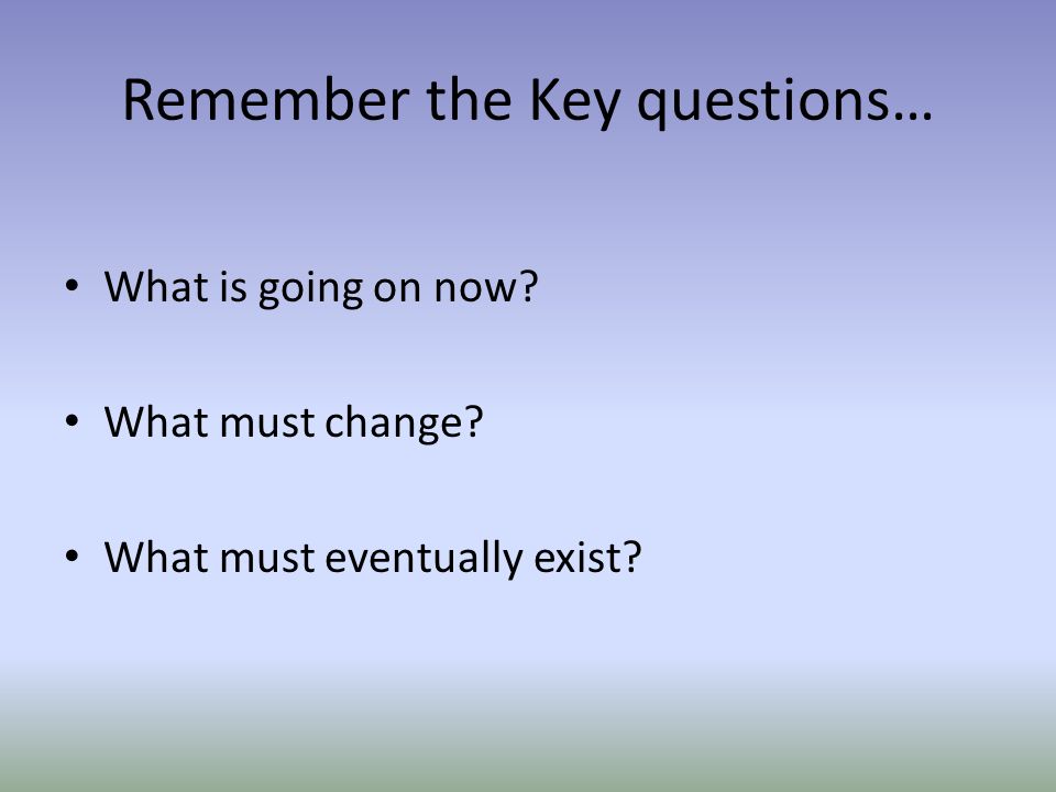Remember the Key questions… What is going on now What must change What must eventually exist