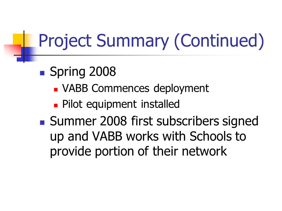 Project Summary (Continued) Spring 2008 VABB Commences deployment Pilot equipment installed Summer 2008 first subscribers signed up and VABB works with Schools to provide portion of their network