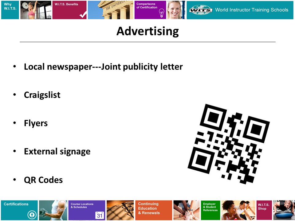 Advertising Local newspaper---Joint publicity letter Craigslist Flyers External signage QR Codes