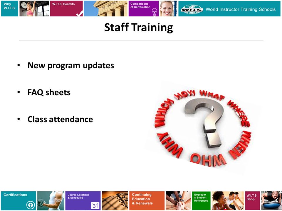 Staff Training New program updates FAQ sheets Class attendance