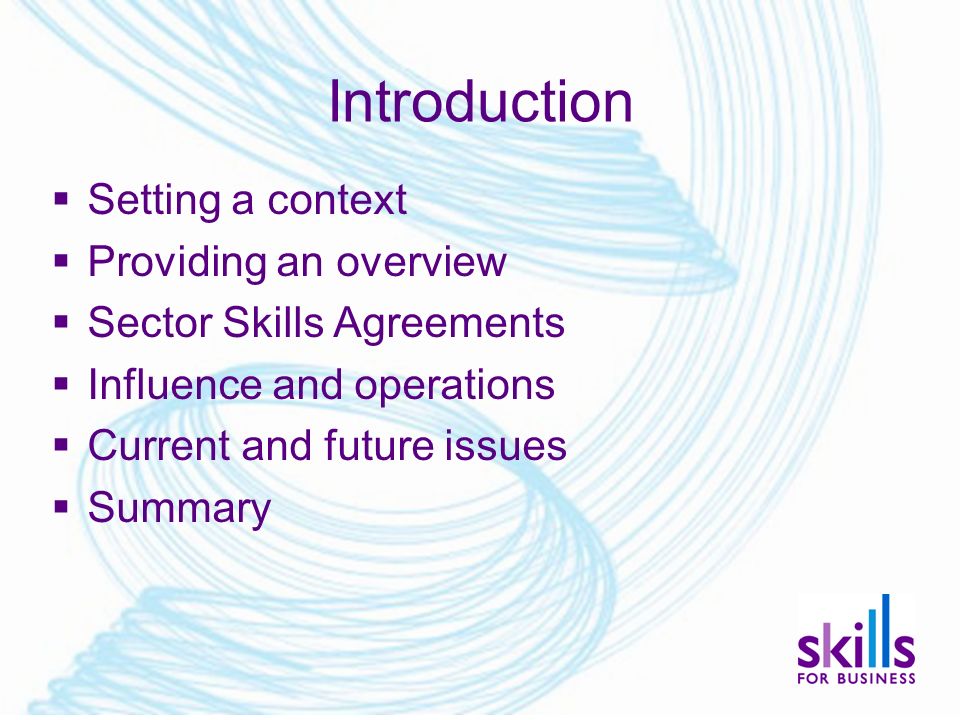 Introduction  Setting a context  Providing an overview  Sector Skills Agreements  Influence and operations  Current and future issues  Summary