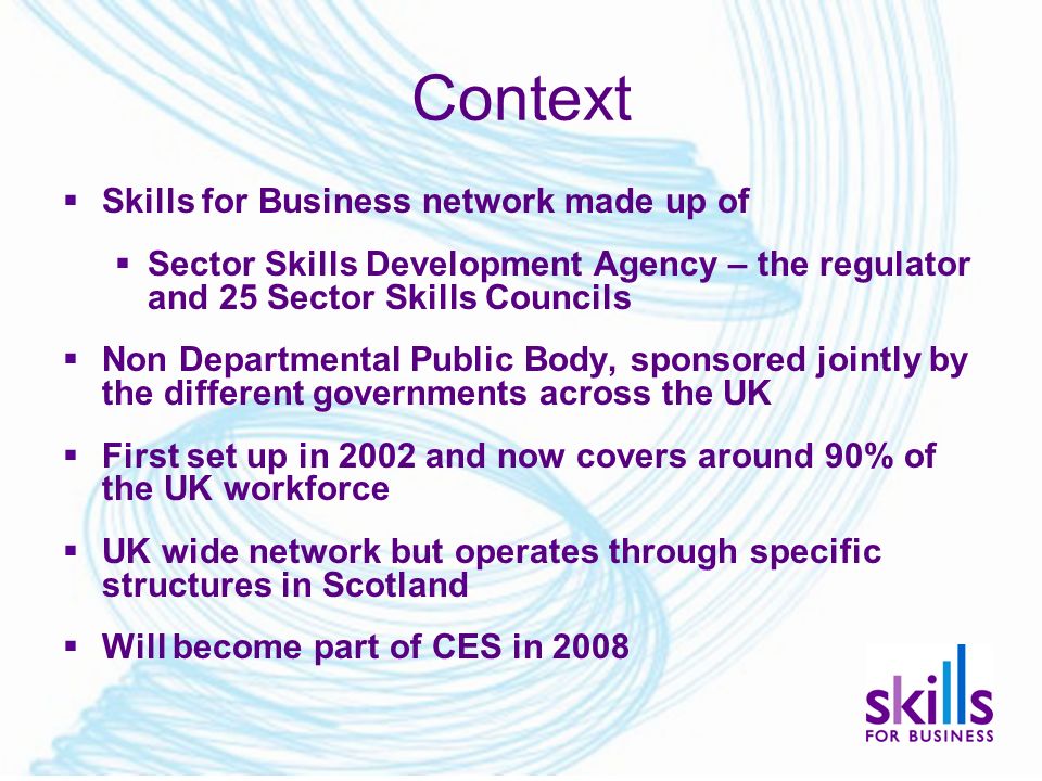 Context  Skills for Business network made up of  Sector Skills Development Agency – the regulator and 25 Sector Skills Councils  Non Departmental Public Body, sponsored jointly by the different governments across the UK  First set up in 2002 and now covers around 90% of the UK workforce  UK wide network but operates through specific structures in Scotland  Will become part of CES in 2008