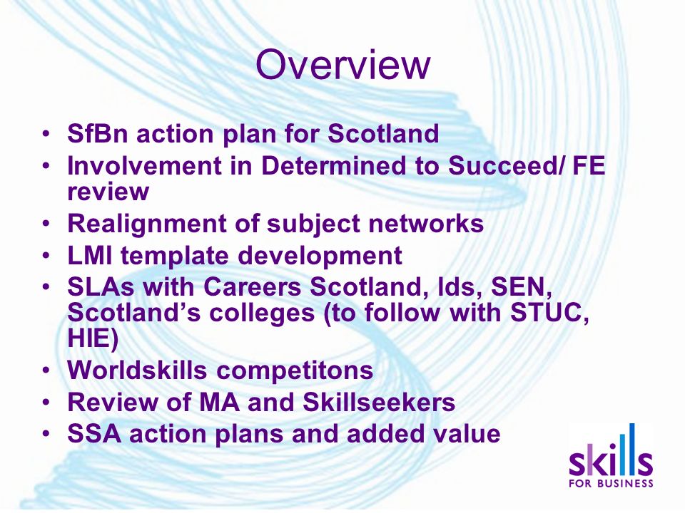 Overview SfBn action plan for Scotland Involvement in Determined to Succeed/ FE review Realignment of subject networks LMI template development SLAs with Careers Scotland, lds, SEN, Scotland’s colleges (to follow with STUC, HIE) Worldskills competitons Review of MA and Skillseekers SSA action plans and added value