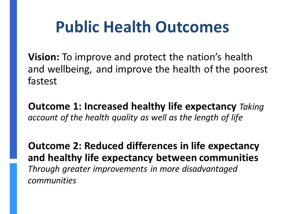 Public Health Outcomes Vision: To improve and protect the nation’s health and wellbeing, and improve the health of the poorest fastest Outcome 1: Increased healthy life expectancy Taking account of the health quality as well as the length of life Outcome 2: Reduced differences in life expectancy and healthy life expectancy between communities Through greater improvements in more disadvantaged communities