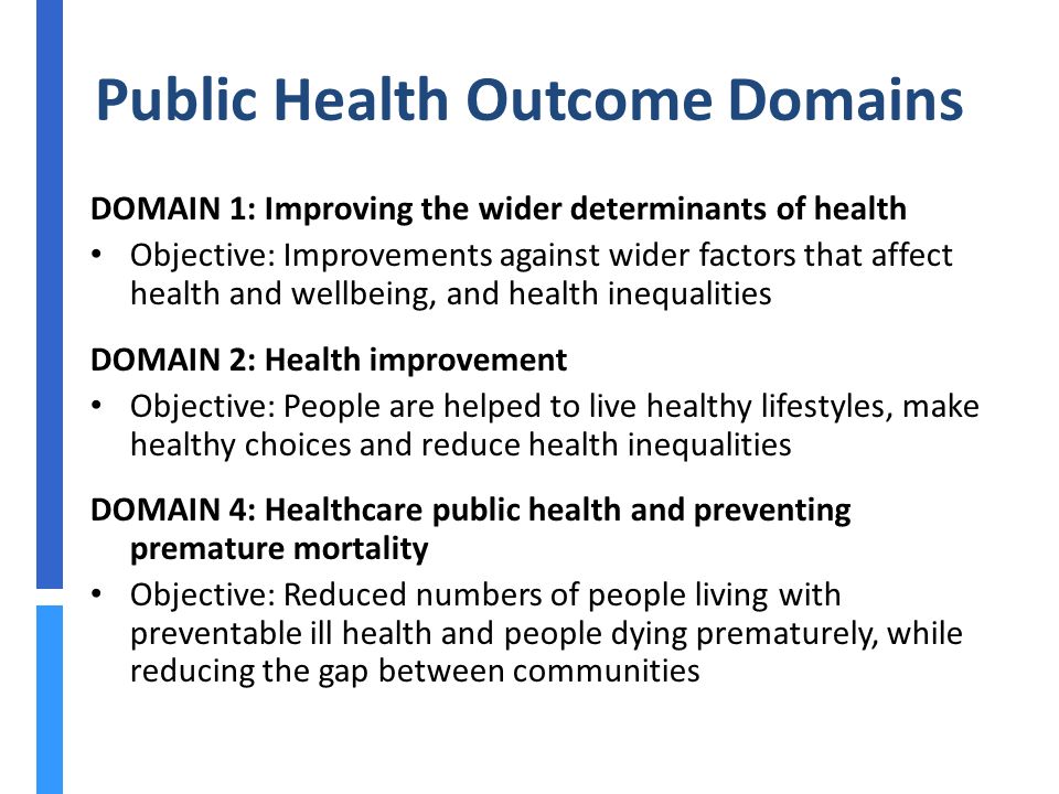 Public Health Outcome Domains DOMAIN 1: Improving the wider determinants of health Objective: Improvements against wider factors that affect health and wellbeing, and health inequalities DOMAIN 2: Health improvement Objective: People are helped to live healthy lifestyles, make healthy choices and reduce health inequalities DOMAIN 4: Healthcare public health and preventing premature mortality Objective: Reduced numbers of people living with preventable ill health and people dying prematurely, while reducing the gap between communities