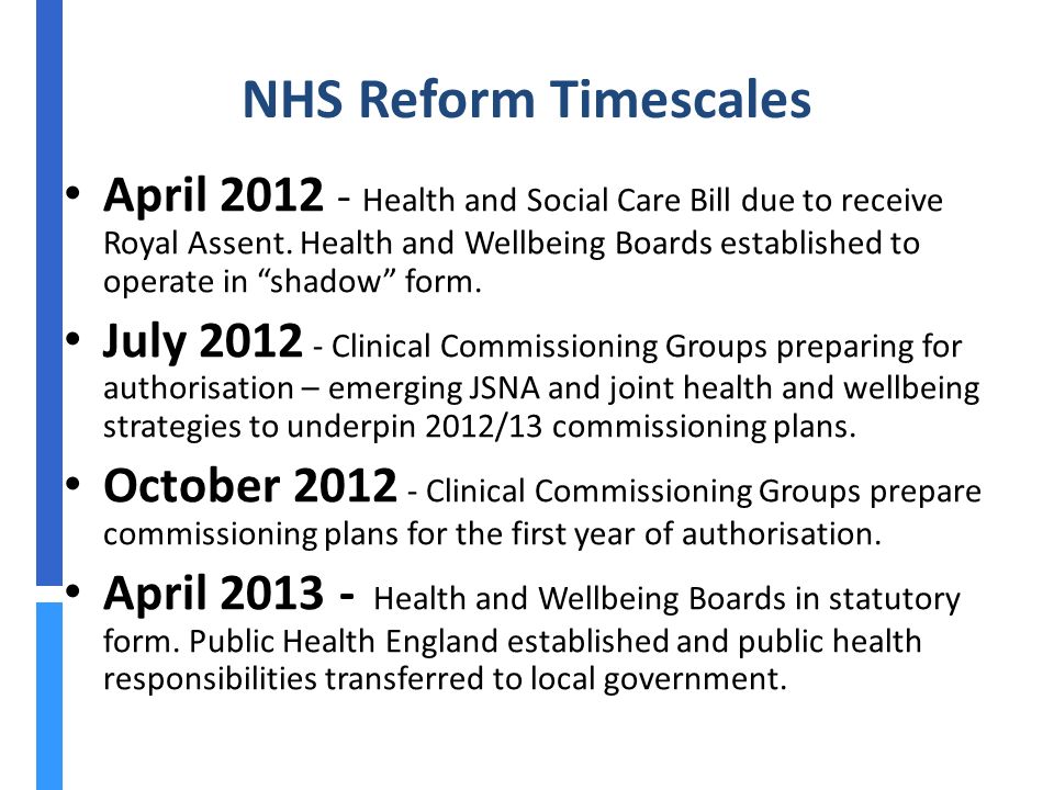 NHS Reform Timescales April Health and Social Care Bill due to receive Royal Assent.