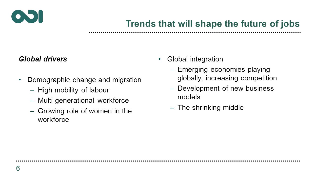 Trends that will shape the future of jobs Global drivers Demographic change and migration –High mobility of labour –Multi-generational workforce –Growing role of women in the workforce Global integration –Emerging economies playing globally, increasing competition –Development of new business models –The shrinking middle 6