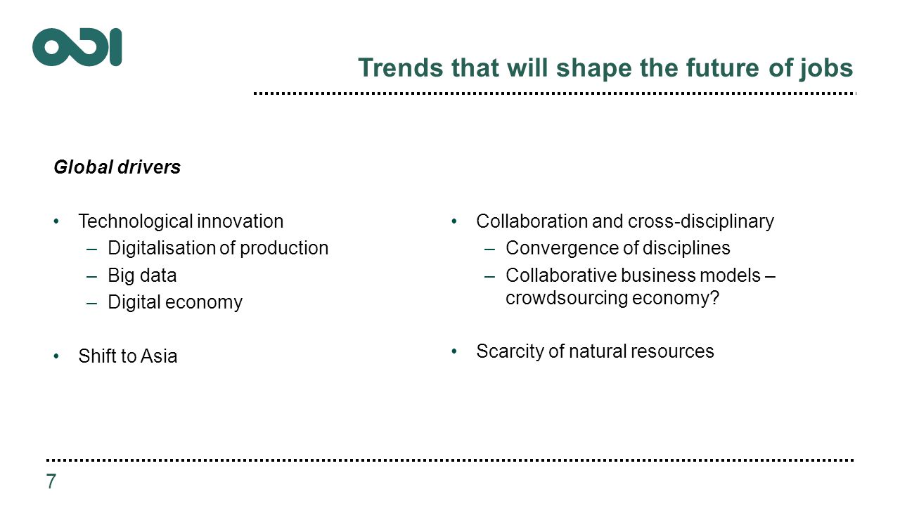 Trends that will shape the future of jobs Global drivers Technological innovation –Digitalisation of production –Big data –Digital economy Shift to Asia Collaboration and cross-disciplinary –Convergence of disciplines –Collaborative business models – crowdsourcing economy.