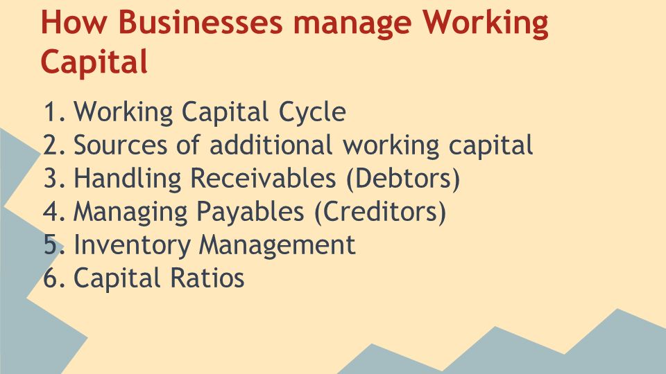 How Businesses manage Working Capital 1.Working Capital Cycle 2.Sources of additional working capital 3.Handling Receivables (Debtors) 4.Managing Payables (Creditors) 5.Inventory Management 6.Capital Ratios