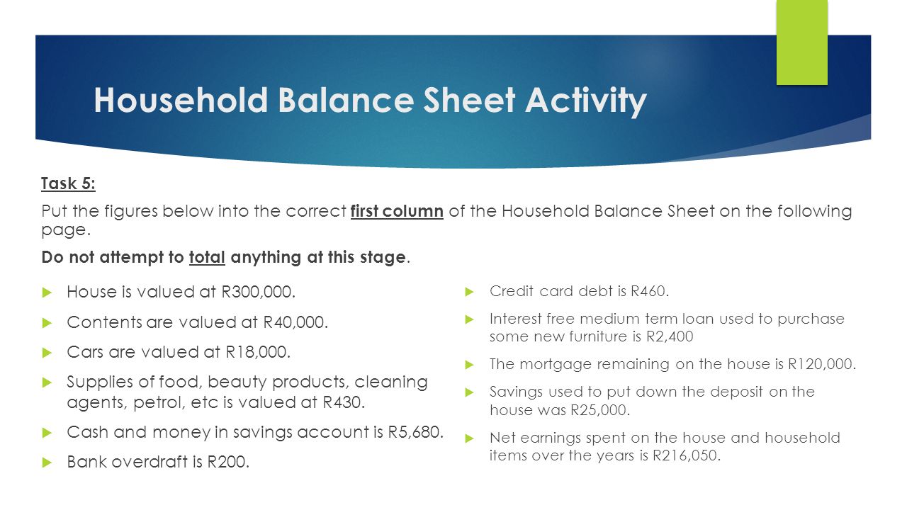 Household Balance Sheet Activity Task 5: Put the figures below into the correct first column of the Household Balance Sheet on the following page.
