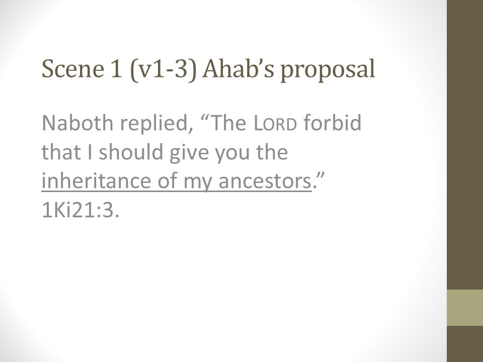 Naboth replied, The L ORD forbid that I should give you the inheritance of my ancestors. 1Ki21:3.