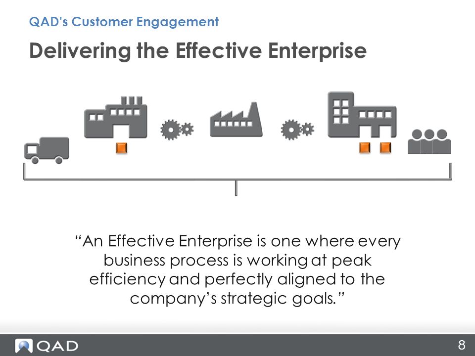 An Effective Enterprise is one where every business process is working at peak efficiency and perfectly aligned to the company’s strategic goals. Delivering the Effective Enterprise QAD s Customer Engagement 8