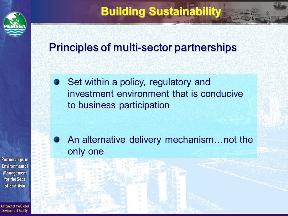 Building Sustainability Set within a policy, regulatory and investment environment that is conducive to business participation An alternative delivery mechanism…not the only one Principles of multi-sector partnerships