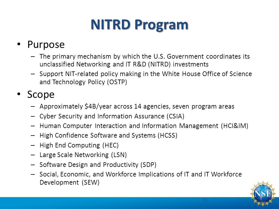 NITRD Program Purpose – The primary mechanism by which the U.S.