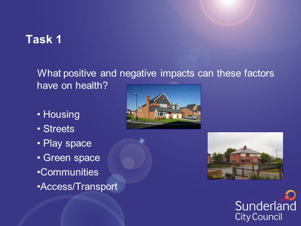 Task 1 What positive and negative impacts can these factors have on health.