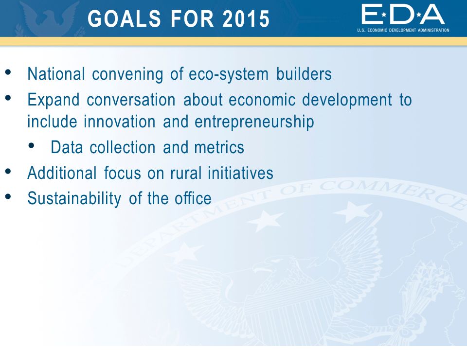 National convening of eco-system builders Expand conversation about economic development to include innovation and entrepreneurship Data collection and metrics Additional focus on rural initiatives Sustainability of the office GOALS FOR 2015