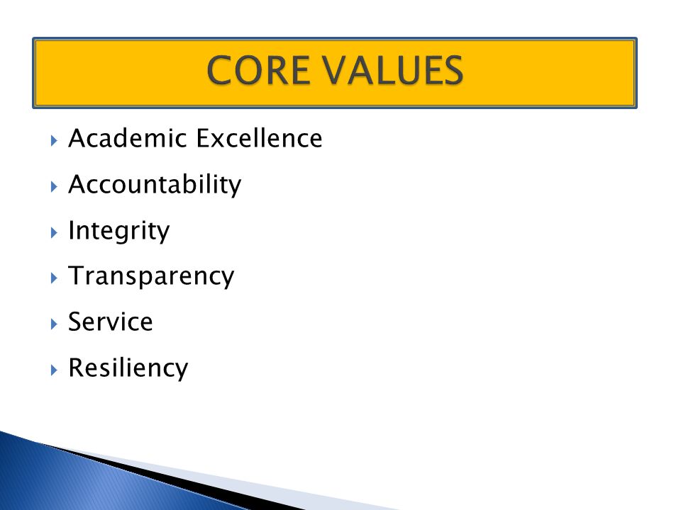  Academic Excellence  Accountability  Integrity  Transparency  Service  Resiliency