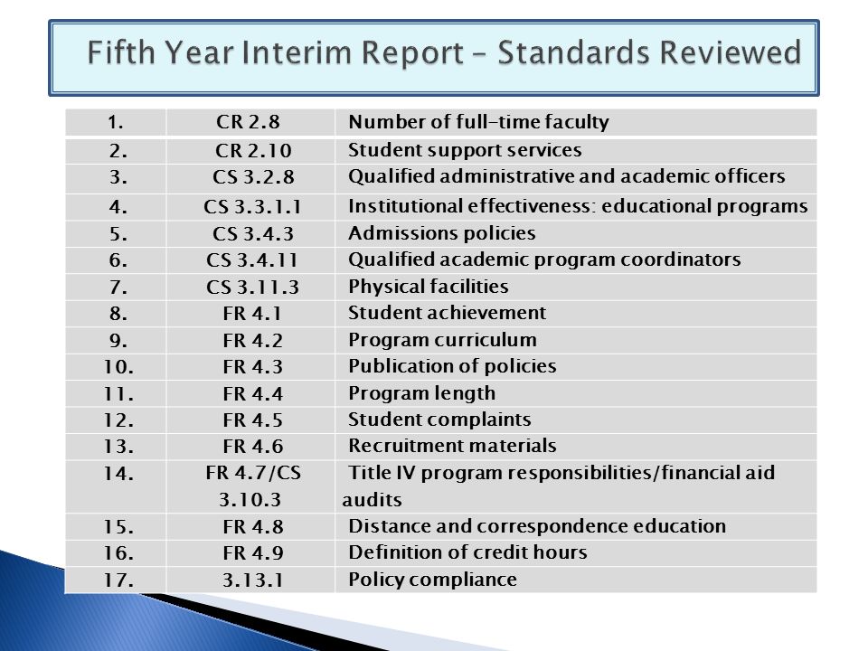 1. CR 2.8 Number of full-time faculty 2. CR 2.10 Student support services 3.