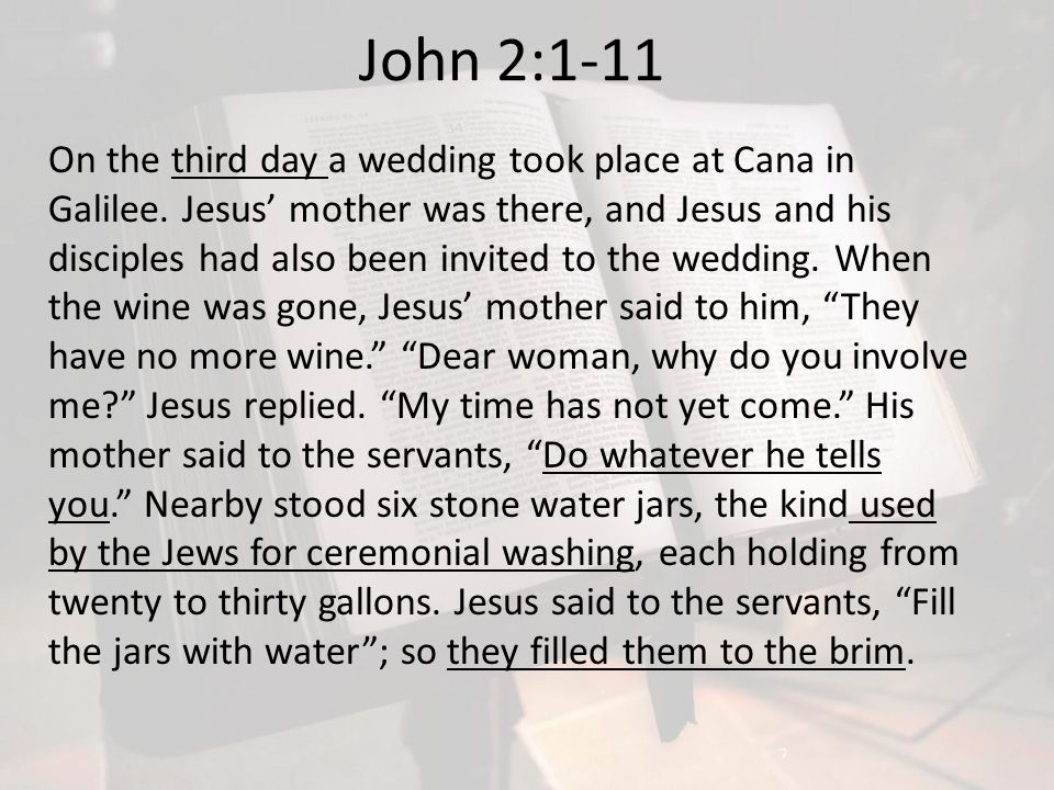 On the third day a wedding took place at Cana in Galilee.