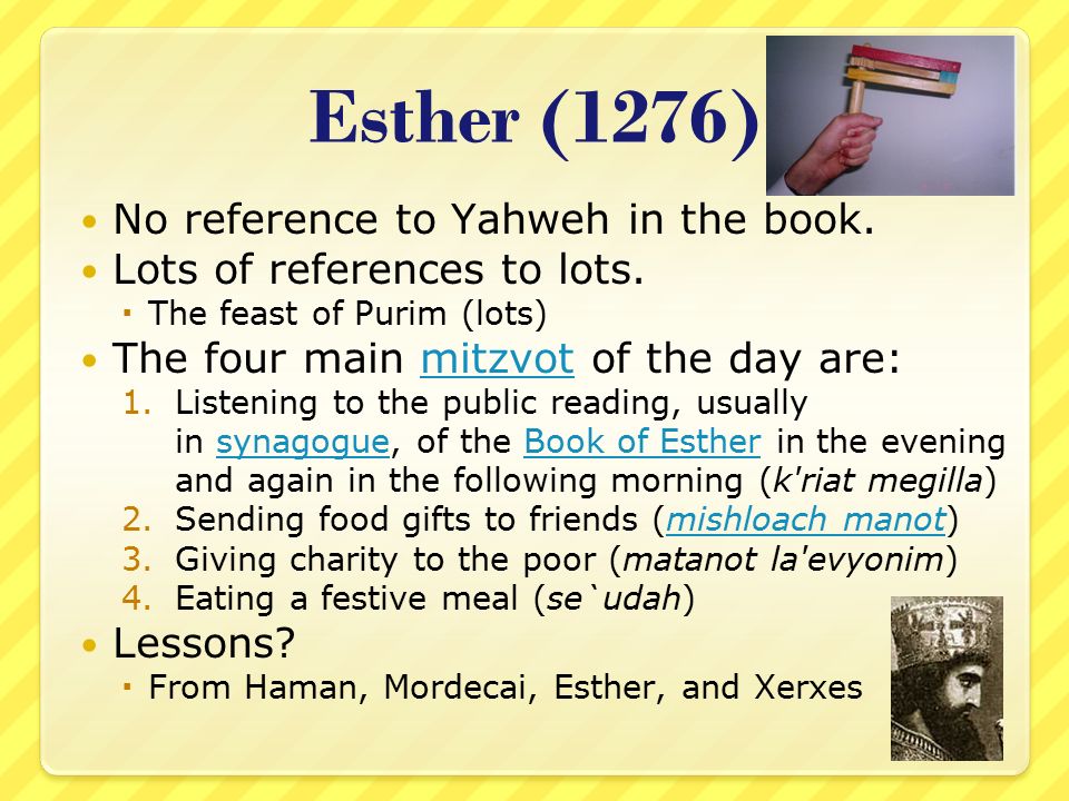 Esther (1276) No reference to Yahweh in the book. Lots of references to lots.