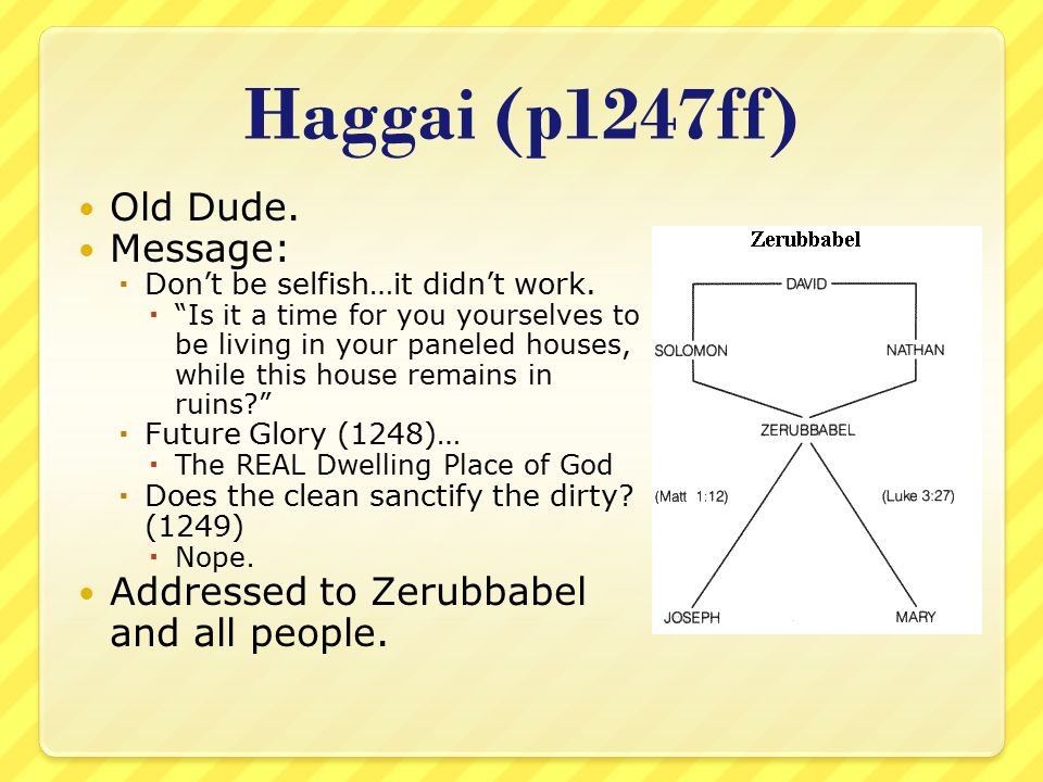 Haggai (p1247ff) Old Dude. Message:  Don’t be selfish…it didn’t work.