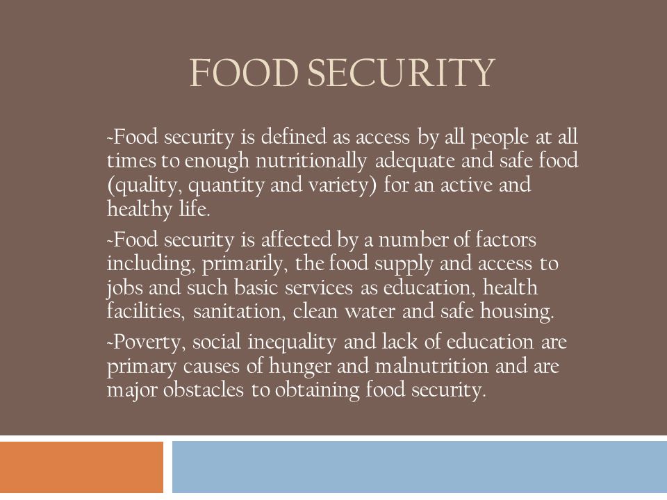 FOOD SECURITY ~Food security is defined as access by all people at all times to enough nutritionally adequate and safe food (quality, quantity and variety) for an active and healthy life.