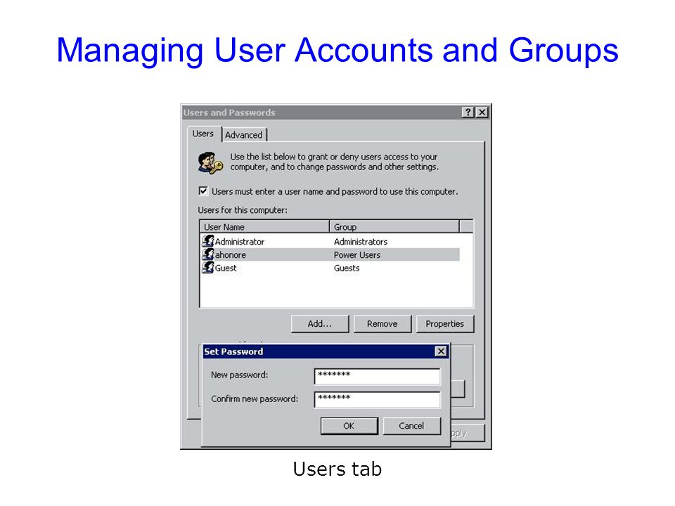 Managing User Accounts and Groups Users tab