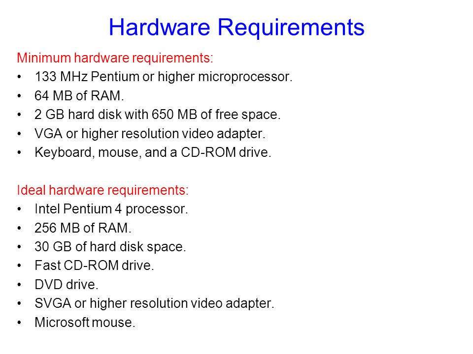 Hardware Requirements Minimum hardware requirements: 133 MHz Pentium or higher microprocessor.