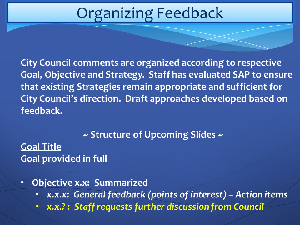 Organizing Feedback City Council comments are organized according to respective Goal, Objective and Strategy.