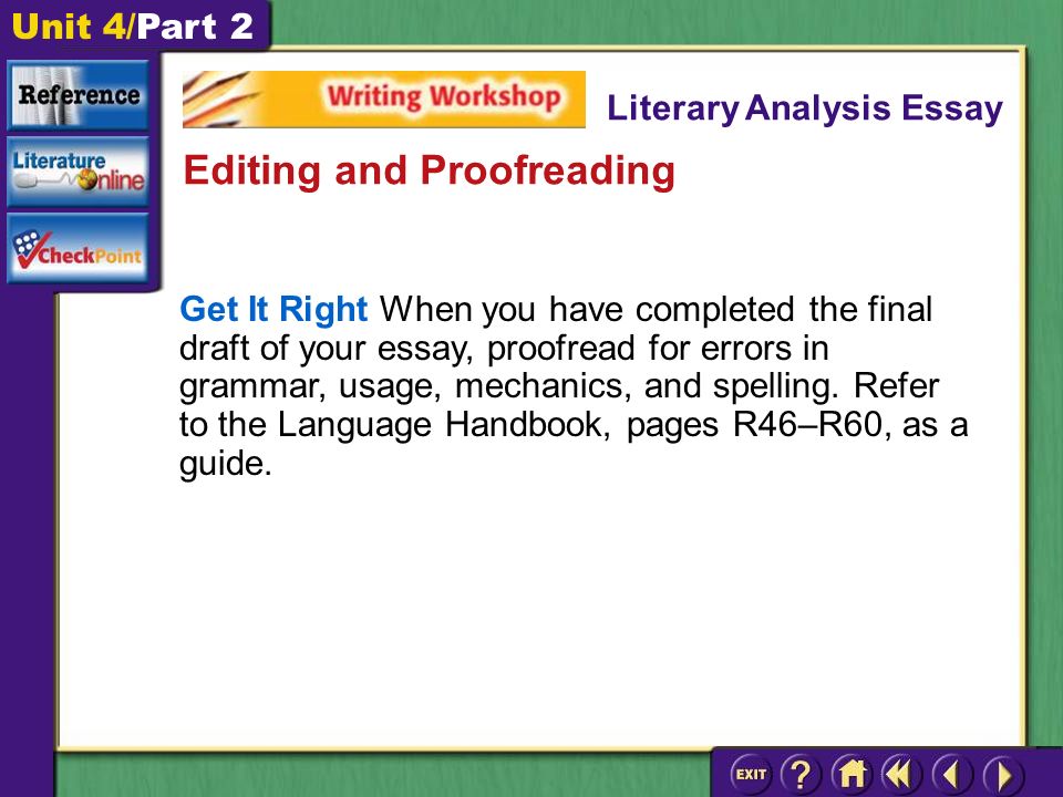 Unit 4/Part 2 Get It Right When you have completed the final draft of your essay, proofread for errors in grammar, usage, mechanics, and spelling.