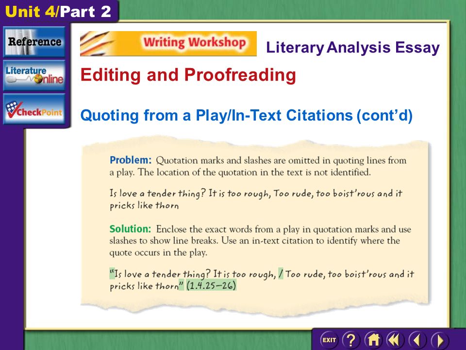 Unit 4/Part 2 Quoting from a Play/In-Text Citations (cont’d) Editing and Proofreading Literary Analysis Essay