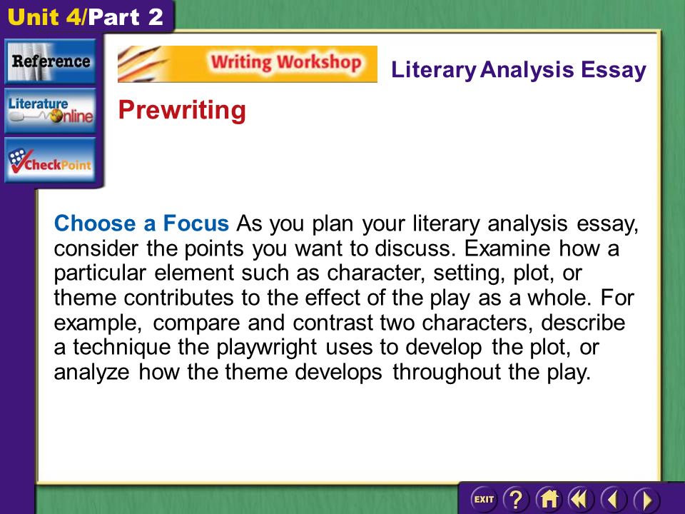 Unit 4/Part 2 Choose a Focus As you plan your literary analysis essay, consider the points you want to discuss.