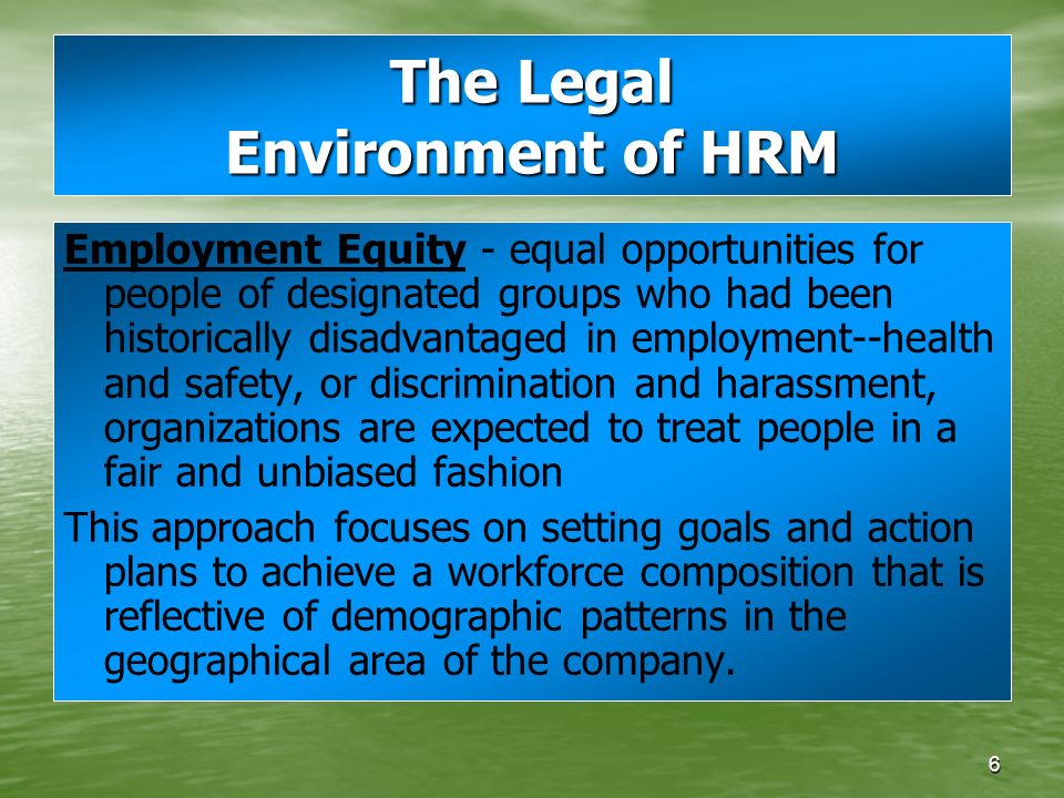 6 Employment Equity - equal opportunities for people of designated groups who had been historically disadvantaged in employment--health and safety, or discrimination and harassment, organizations are expected to treat people in a fair and unbiased fashion This approach focuses on setting goals and action plans to achieve a workforce composition that is reflective of demographic patterns in the geographical area of the company.