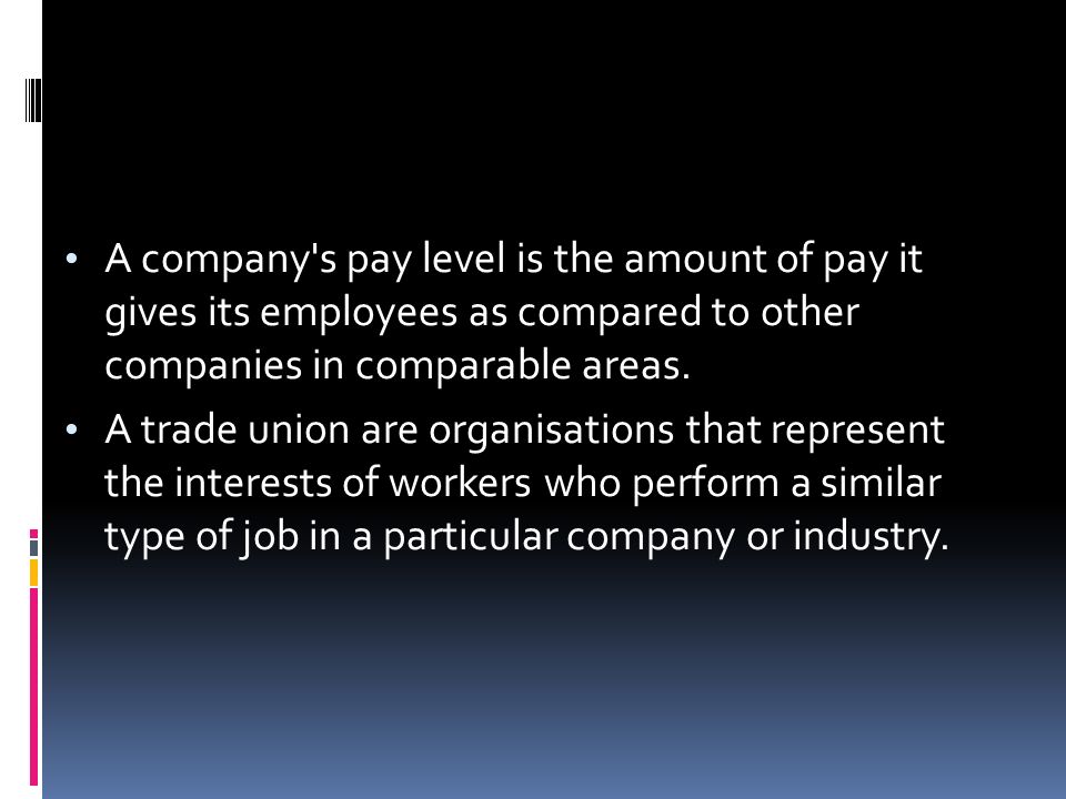 A company s pay level is the amount of pay it gives its employees as compared to other companies in comparable areas.