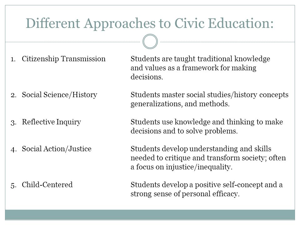 Different Approaches to Civic Education: 1.Citizenship TransmissionStudents are taught traditional knowledge and values as a framework for making decisions.