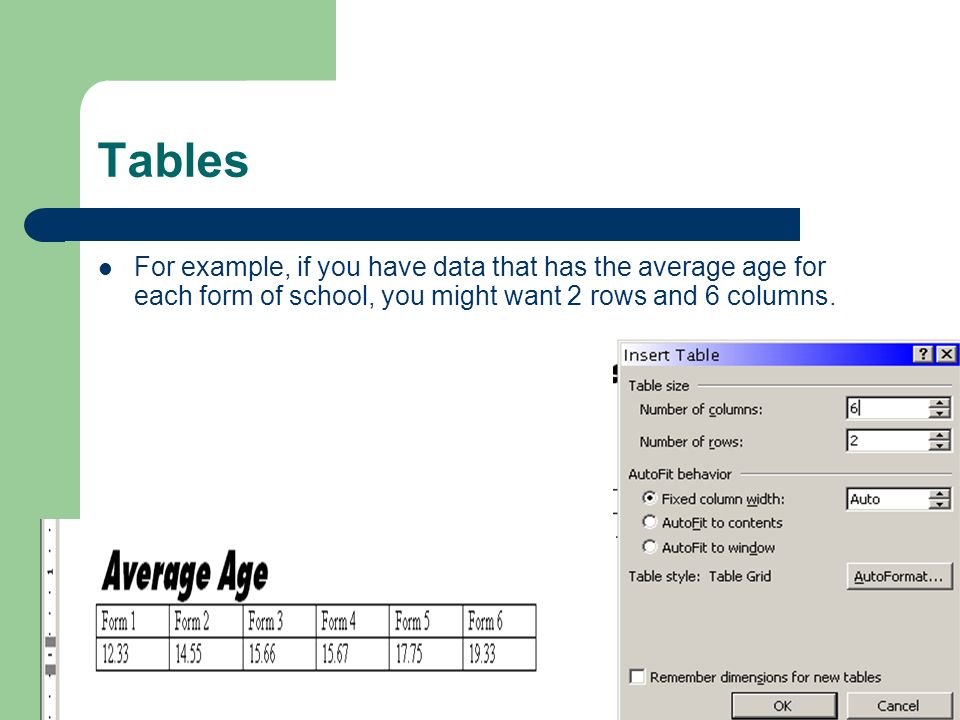 Tables For example, if you have data that has the average age for each form of school, you might want 2 rows and 6 columns.