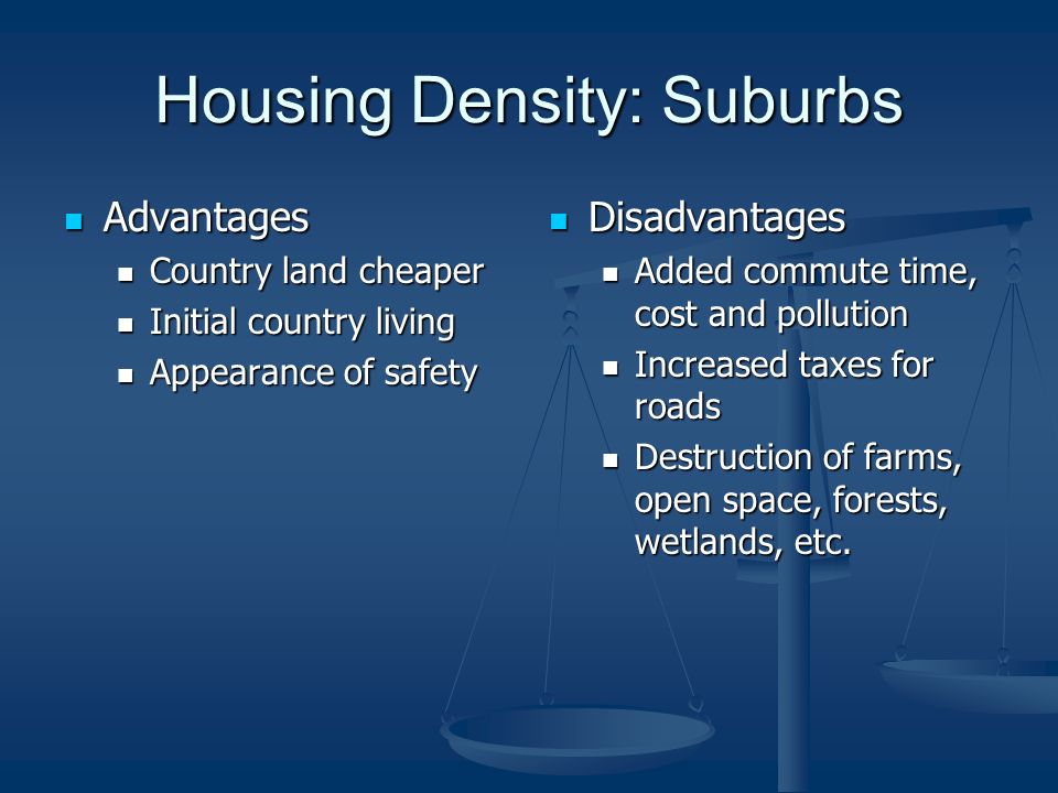 Housing Density: Suburbs Advantages Advantages Country land cheaper Country land cheaper Initial country living Initial country living Appearance of safety Appearance of safety Disadvantages Added commute time, cost and pollution Increased taxes for roads Destruction of farms, open space, forests, wetlands, etc.
