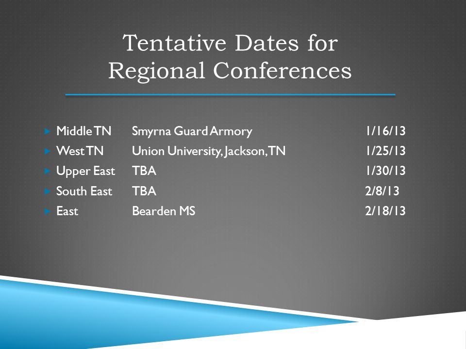  Middle TN Smyrna Guard Armory1/16/13  West TN Union University, Jackson, TN1/25/13  Upper East TBA1/30/13  South East TBA2/8/13  East Bearden MS2/18/13 Tentative Dates for Regional Conferences