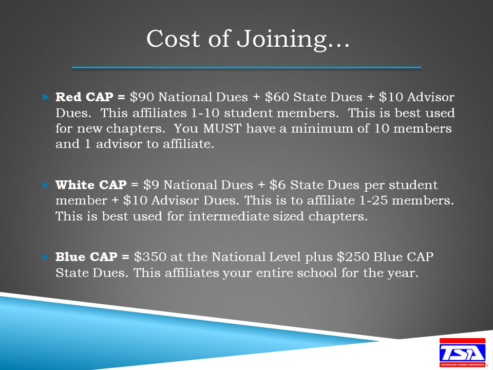 Red CAP = $90 National Dues + $60 State Dues + $10 Advisor Dues.