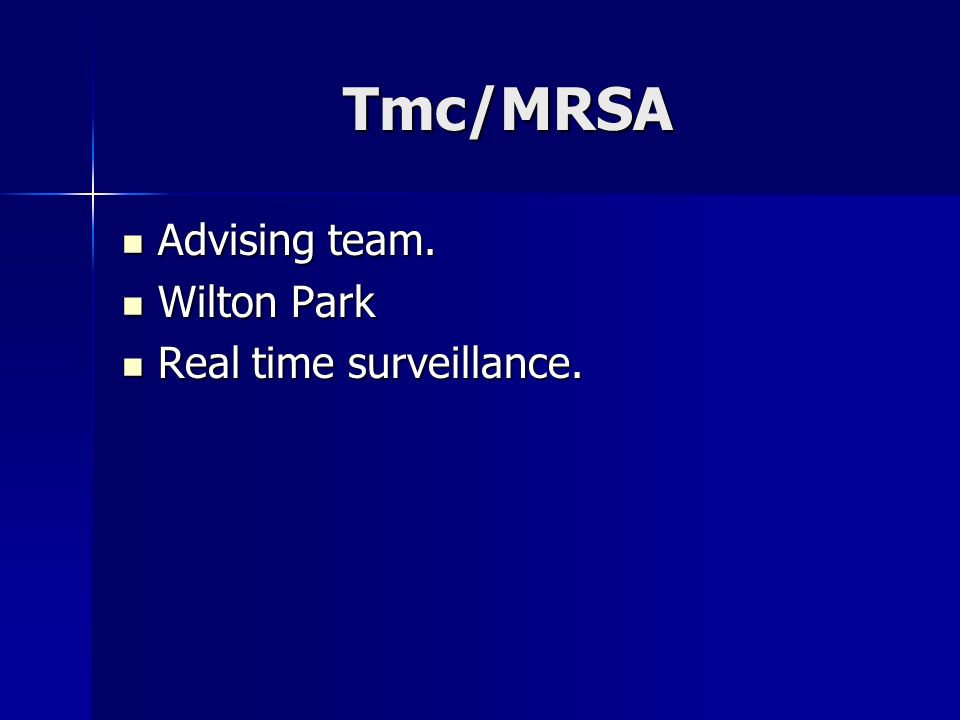 Tmc/MRSA Advising team. Advising team. Wilton Park Wilton Park Real time surveillance.