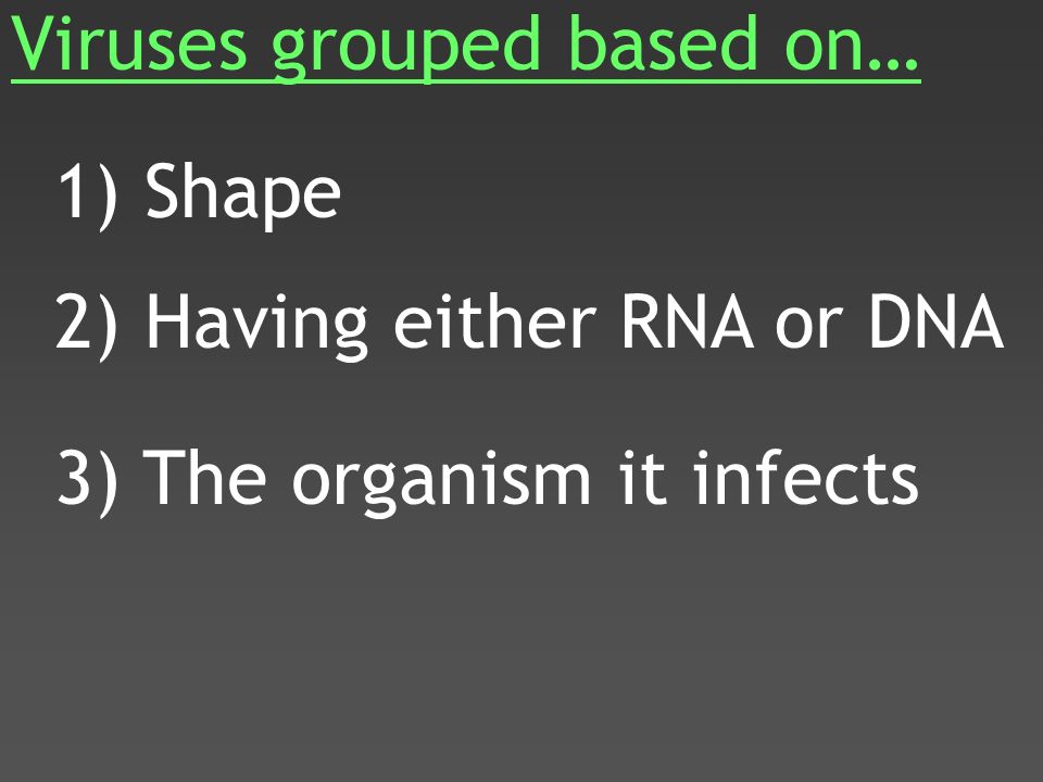 Viruses grouped based on… 1) Shape 2) Having either RNA or DNA 3) The organism it infects