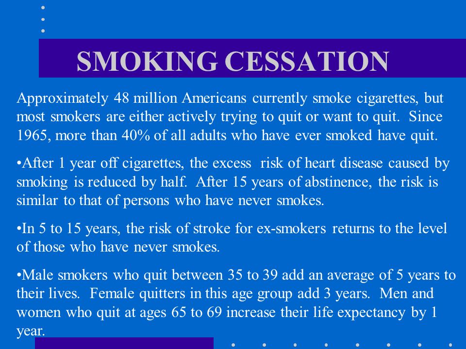 SMOKING CESSATION Approximately 48 million Americans currently smoke cigarettes, but most smokers are either actively trying to quit or want to quit.