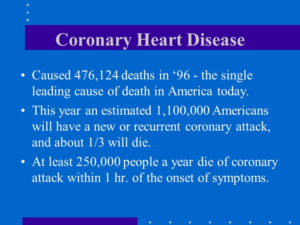 Coronary Heart Disease Caused 476,124 deaths in ‘96 - the single leading cause of death in America today.