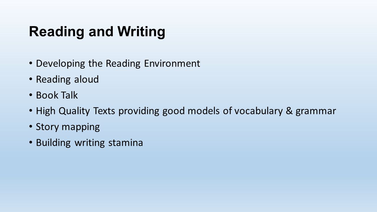 Reading and Writing Developing the Reading Environment Reading aloud Book Talk High Quality Texts providing good models of vocabulary & grammar Story mapping Building writing stamina