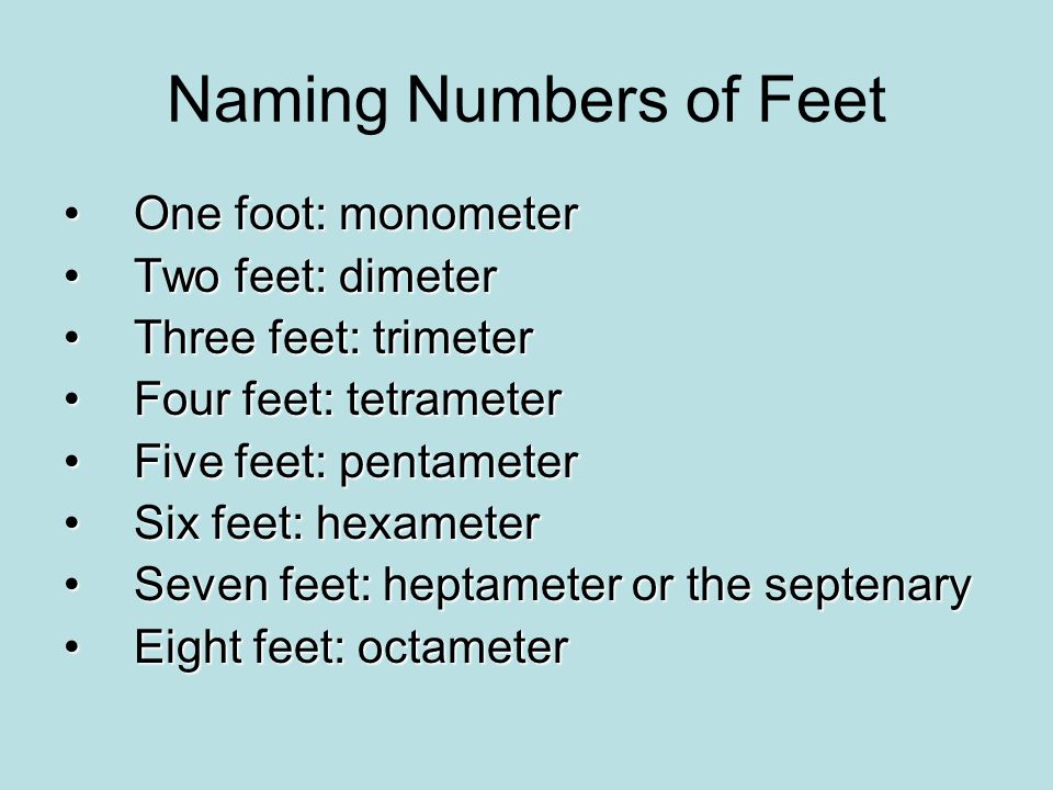 Naming Numbers of Feet One foot: monometerOne foot: monometer Two feet: dimeterTwo feet: dimeter Three feet: trimeterThree feet: trimeter Four feet: tetrameterFour feet: tetrameter Five feet: pentameterFive feet: pentameter Six feet: hexameterSix feet: hexameter Seven feet: heptameter or the septenarySeven feet: heptameter or the septenary Eight feet: octameterEight feet: octameter