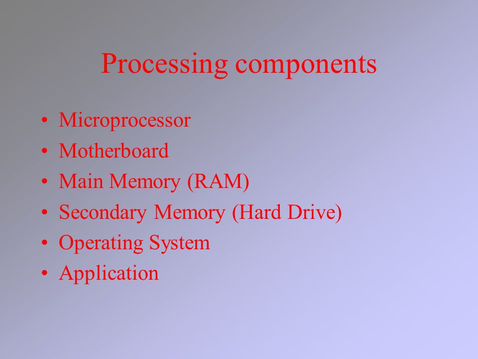 Processing components Microprocessor Motherboard Main Memory (RAM) Secondary Memory (Hard Drive) Operating System Application