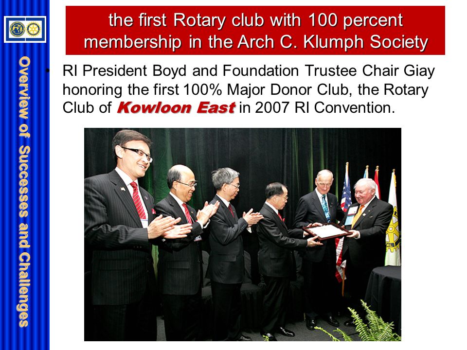 Overview of Successes and Challenges the first 100% Major Donor Club Kowloon EastRI President Boyd and Foundation Trustee Chair Giay honoring the first 100% Major Donor Club, the Rotary Club of Kowloon East in 2007 RI Convention.