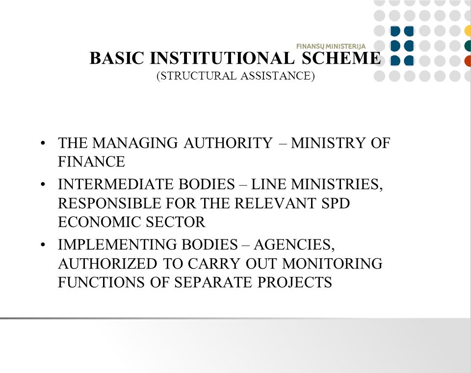 BASIC INSTITUTIONAL SCHEME (STRUCTURAL ASSISTANCE) THE MANAGING AUTHORITY – MINISTRY OF FINANCE INTERMEDIATE BODIES – LINE MINISTRIES, RESPONSIBLE FOR THE RELEVANT SPD ECONOMIC SECTOR IMPLEMENTING BODIES – AGENCIES, AUTHORIZED TO CARRY OUT MONITORING FUNCTIONS OF SEPARATE PROJECTS